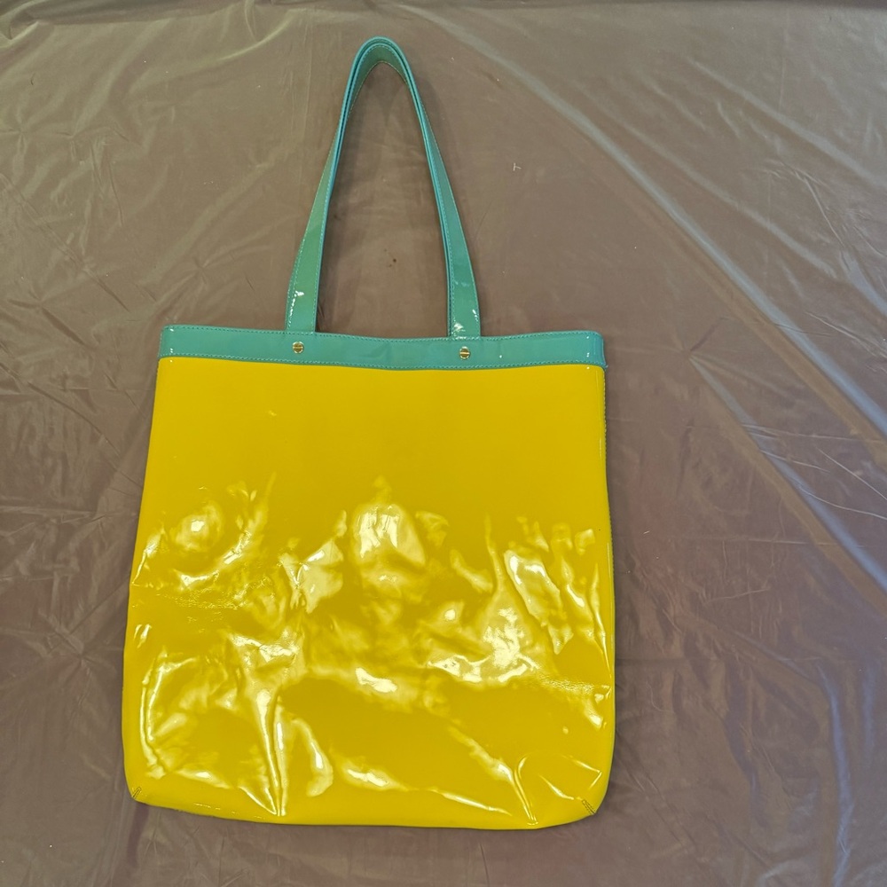 Vintage Y2K Tory Burch Logo Yellow/Teal Patent Leather Large Tote - Picture 11 of 14